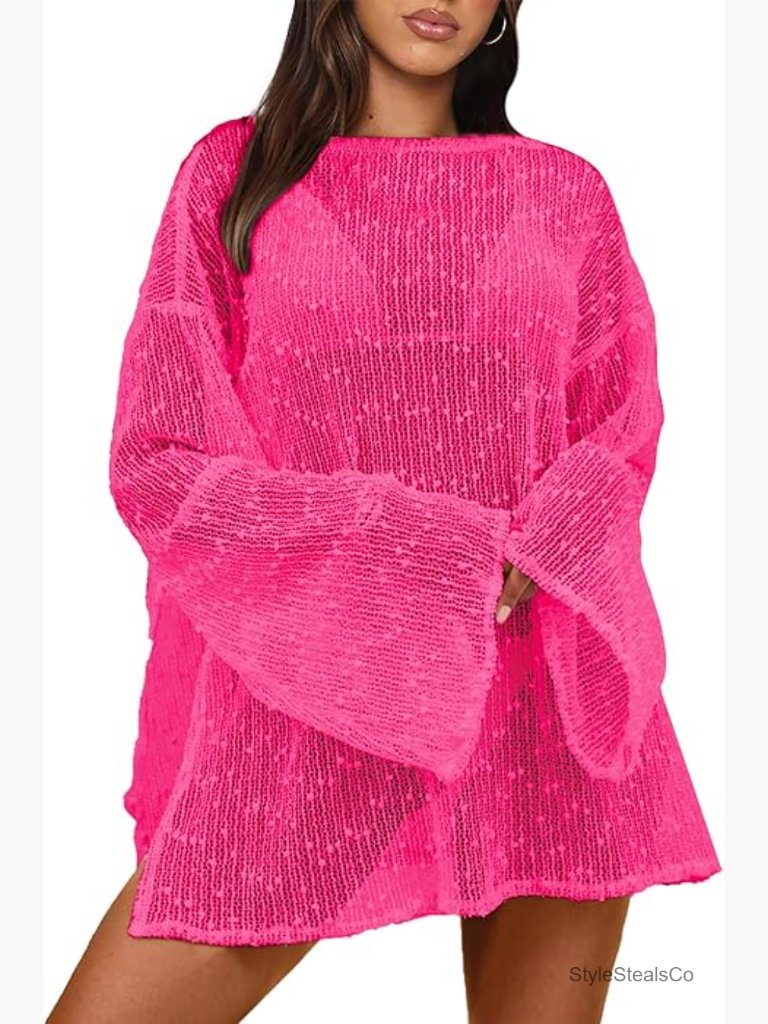 Crochet Boat Neck Sheer Beach Coverup Dress Long Sleeve Swimwear Caftan
